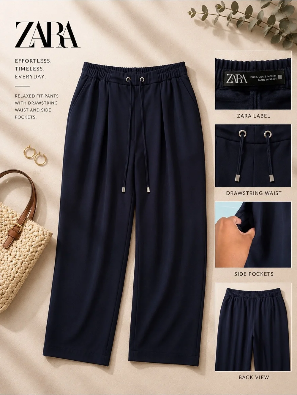 ZARA Navy Relaxed Drawstring Pants | Coastal Quiet Luxury Wide Leg Trousers